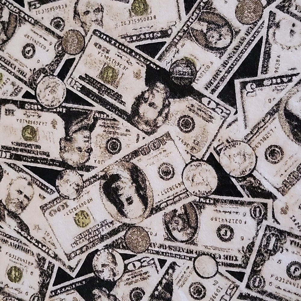 Fun money print fabric black white, and green dollars and coins 0.6 yards